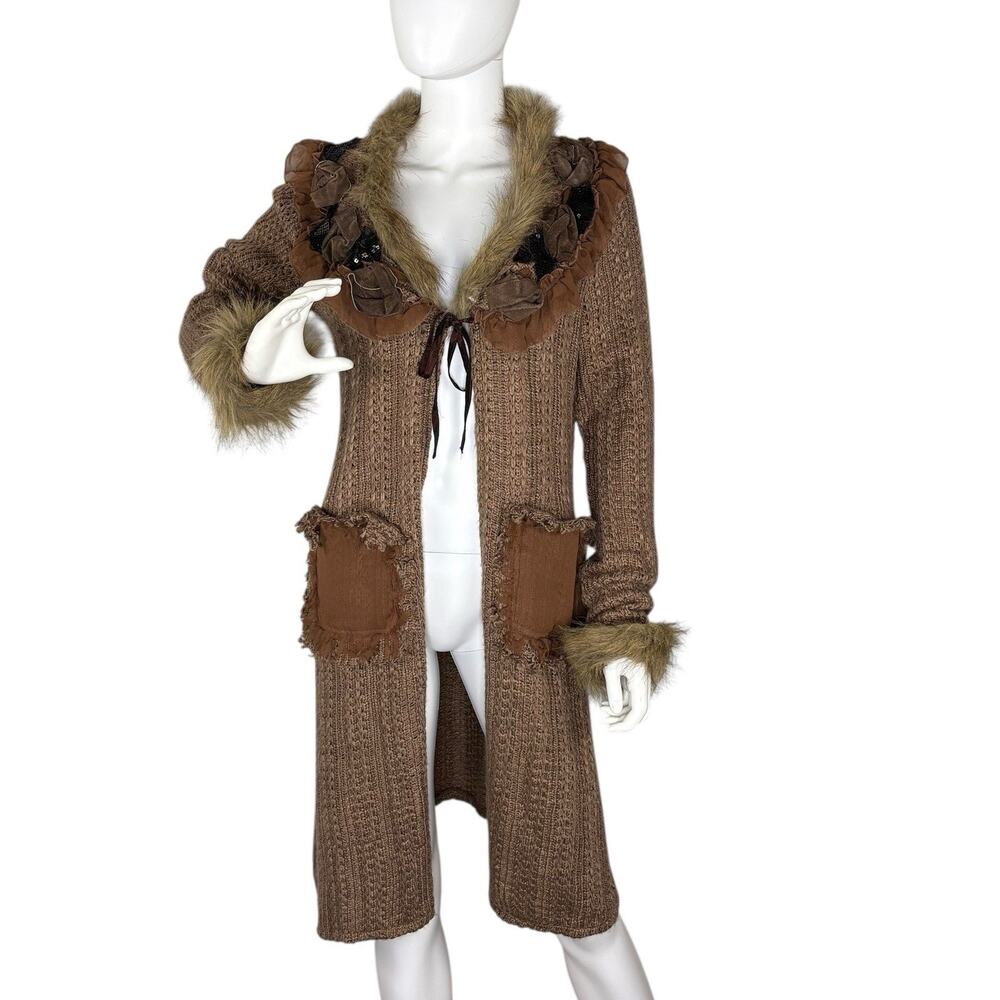 Y2K 90s Fairy Grunge Ruffled Cardigan Faux Fur Brown Goblincore Earthy Size L